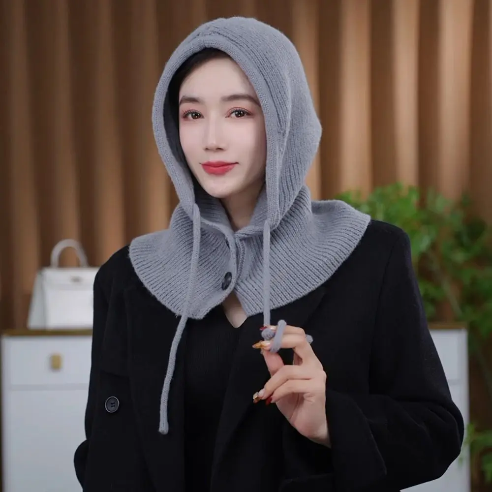 New Ear Protection Winter Balaclava Warm Drawstring Hooded Knitted Hooded Cap Windproof Scarf Hat Unisex