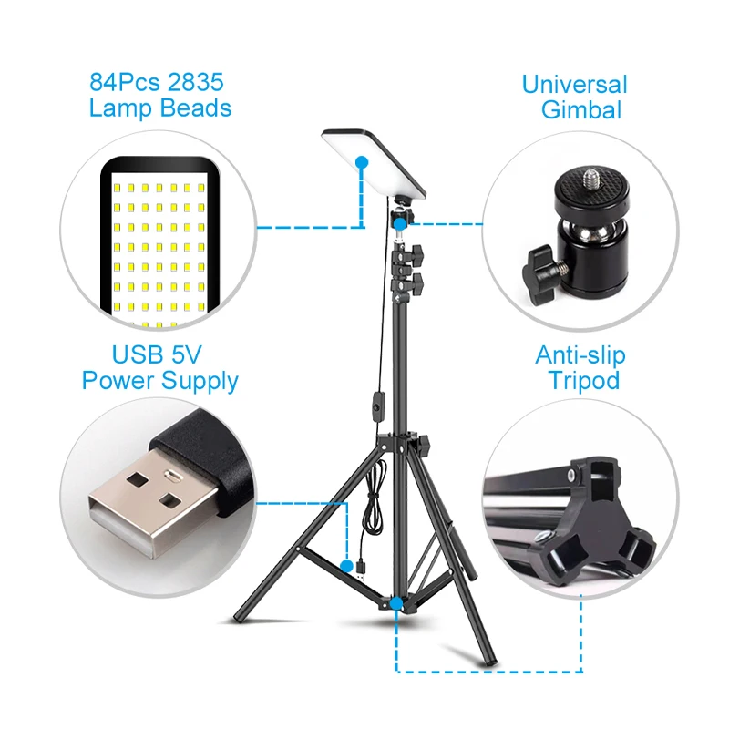 Portable Camping Light LED Selfie Light Lamp Photography Light with Tripod Stand for Outdoor Picnic Barbecue Working Live Stream