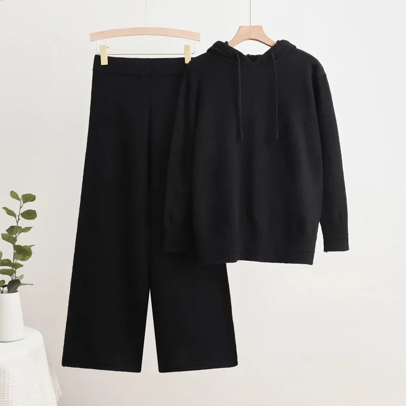 

Женский корейский вязаный пуловер с капюшоном, топы Setleri, повседневные однотонные спортивные штаны с высокой талией, Conjuntos, новый шикарный дизайн, вязаные комплекты из 2 предметов