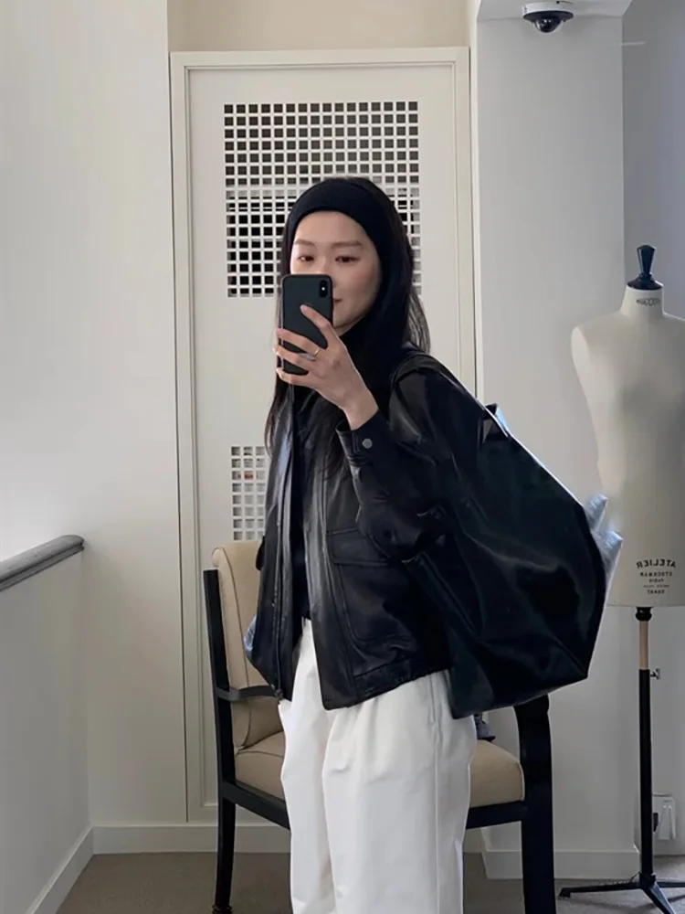 Dongdaemun 2025, Frühjahr Neue Sle Nw*o Stehkragen Bla Leder Jaet High Sense Retro Mantel frauen Lose fit Lange Sve