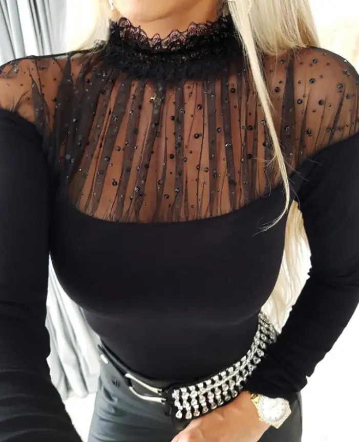 Woman Blouse 2025 Spring New Fashion Rhinestone Decor Lace High Neck Mesh Patchwork Top Slim Fit Casual Daily Layering Top