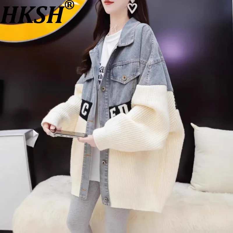 HKSH Spring Autumn New Women Chic Coat Denim Patchwork Knitted Color Block Letter Printed Single Breasted Elegant Jacket HK17206