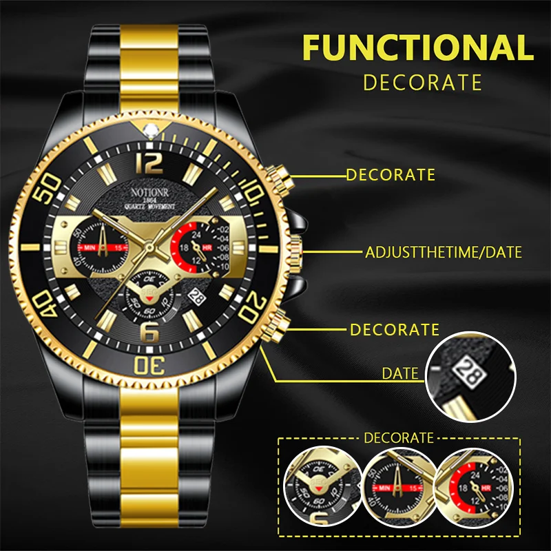 NOTIONR Fashion Mens Watches Luxury Men Gold Stainless Steel Quartz Watch Man Business Luminous Clock relogio masculino