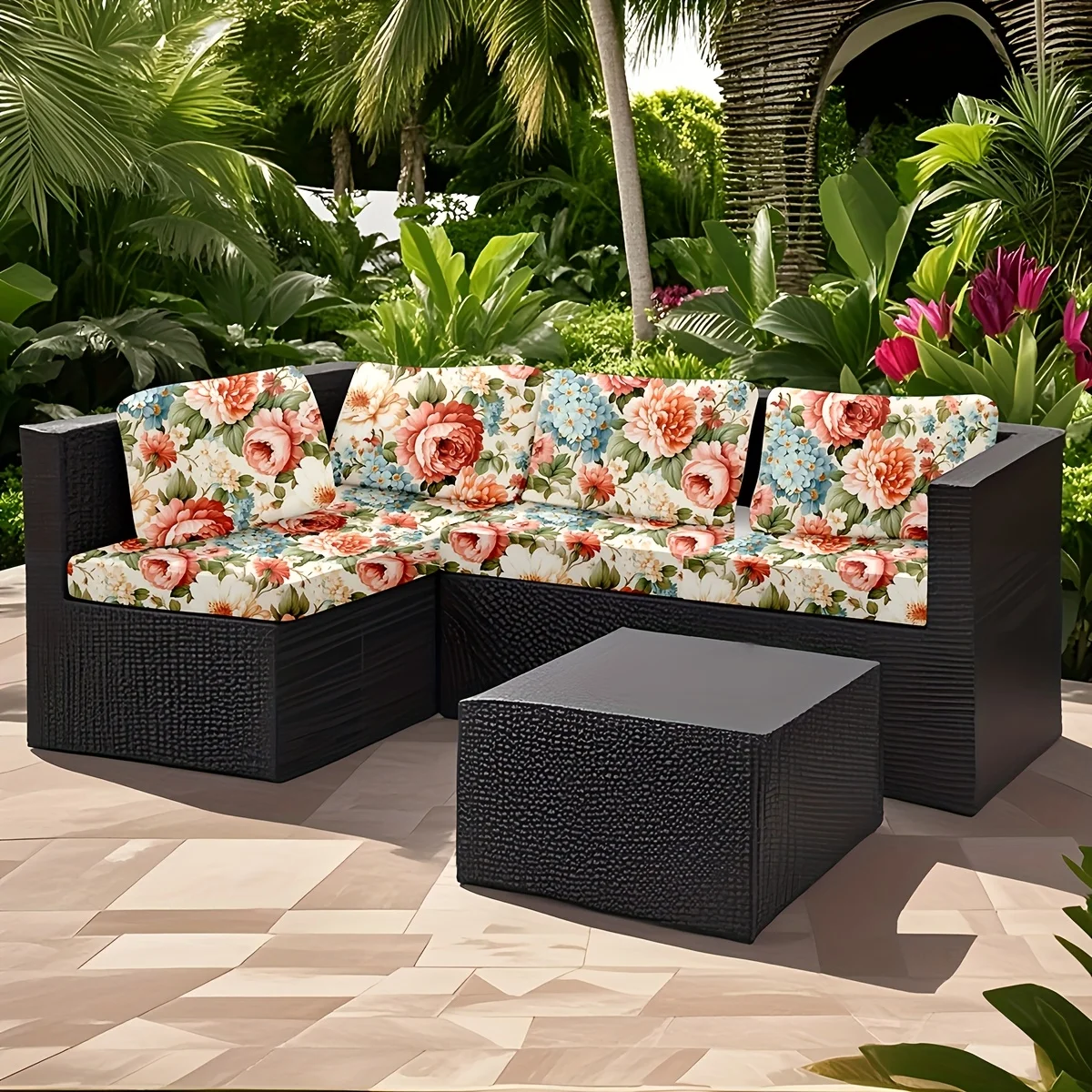 6/8pcs Outdoor sofa cushion cover,Vintage Rose Hydrangea Floral Pattern Patio Furniture Covers for Backyard