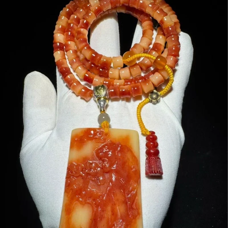 Natural camel red blood multi-loop bracelet with engraved fierce tiger climbing a mountain, the bone feels like jade, full
