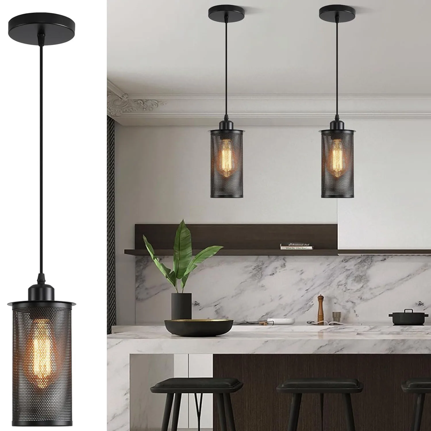 

Black Modern Hanging Light for Kitchen Island Adjustable Industrial Pendant Lights Farmhouse Mesh Cage Hanging Lights 1 Pack