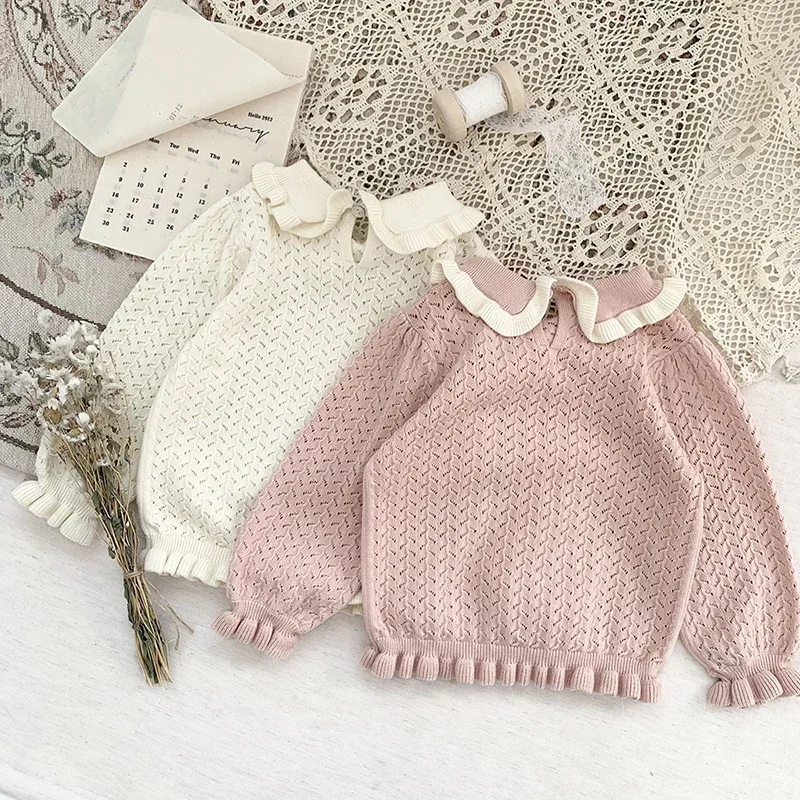 

2022 Kids Knitted Pullover Girls Long Sleeve Knit Ruffle Sweater Hollow Cotton Autumn Baby Clothing Girls Pullover Sweaters