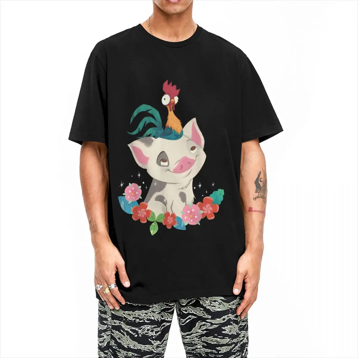 Moana Hei Hei Rooster Pua Flowers Sketch for Men Women T Shirts Creative Tees Round Collar T-Shirt 100% Cotton Plus Size Clothes