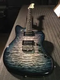 jazzm guitar flamed neck through body 2 p90 pickups quilted maple top red to black fade colour ebony fretboard locked tuners