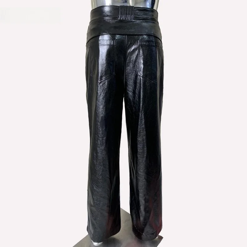 

Nerazzurri Men's High Waist Wide Leg PU Leather Pants Waterproof Oil Resistant Glossy Black plus Size Comfortable Leisure Tro...
