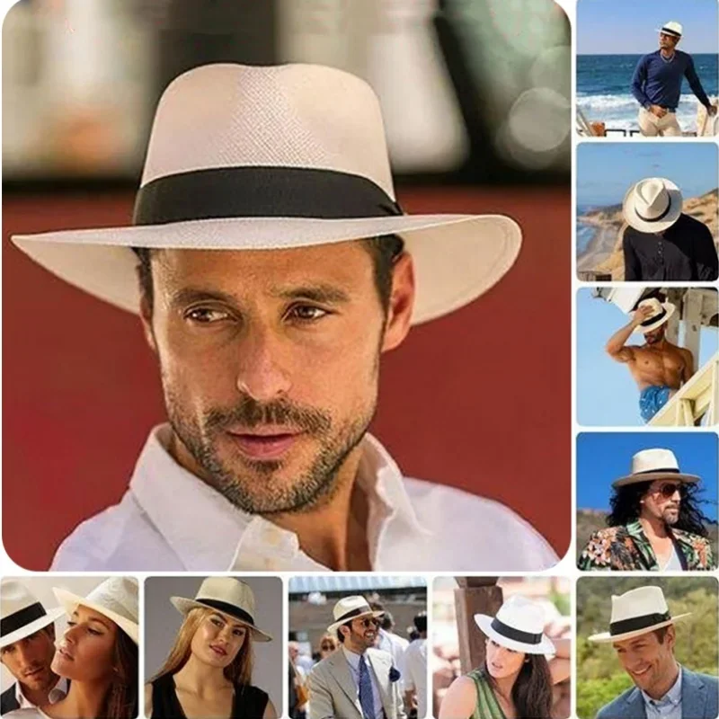 Fashion Men Straw Hat for Women Summer Trendy Beach Sun Hats Solid Color Fedoras Ribbon Casual Cowboy Jazz Cap Gangster Cap Male