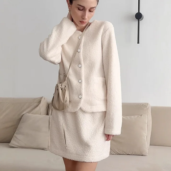 

Осенние женские комплекты из 2 предметов на флисовой подкладке, однобортное пальто с круглым вырезом и карманами для женщин, элегантная прямая мини-женская юбка
