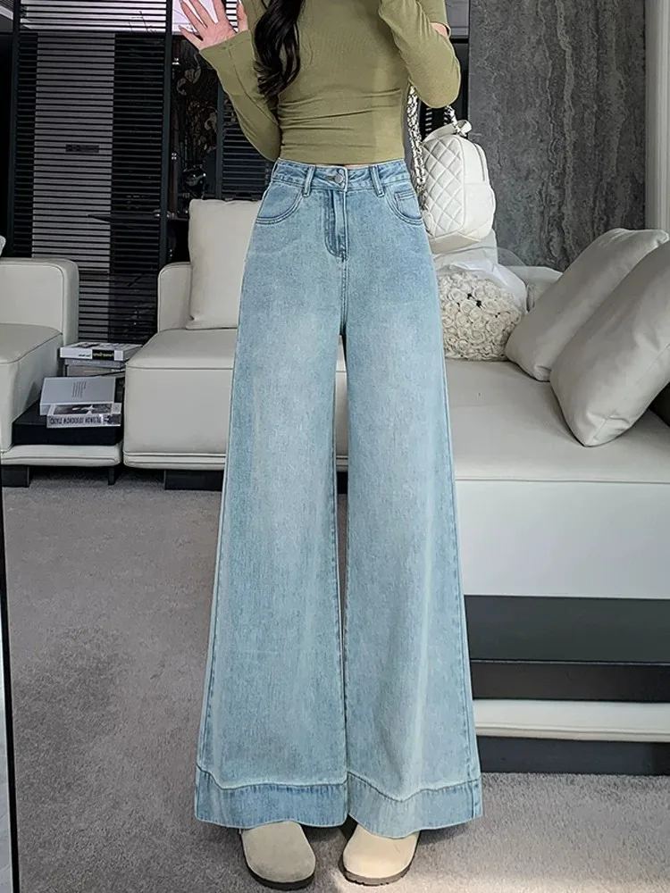 

Light Wash High Waist Wide Leg Denim Jeans Women's Spring Summer Loose Slimming Floor Length Bell Bottoms Casual Commute Style