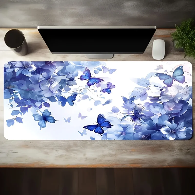 Blue Butterfly Floral Large Gaming Mouse Pad Extra Long Desk Mat Non-Slip Rubber Office