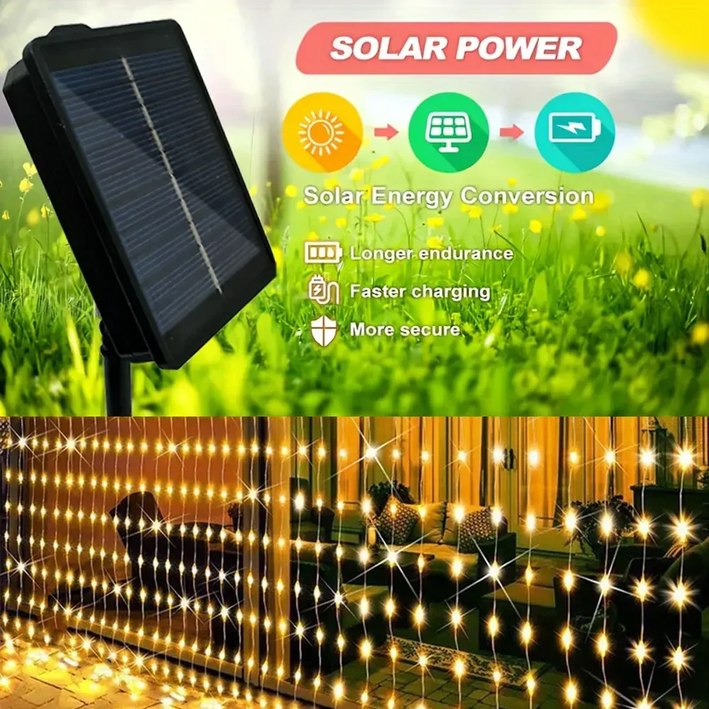 3/6M Outdoor Solar Curtain Light String Lights Garden Yard Pavilion Fairy Garland String Lights Holiday Wedding Decor Light