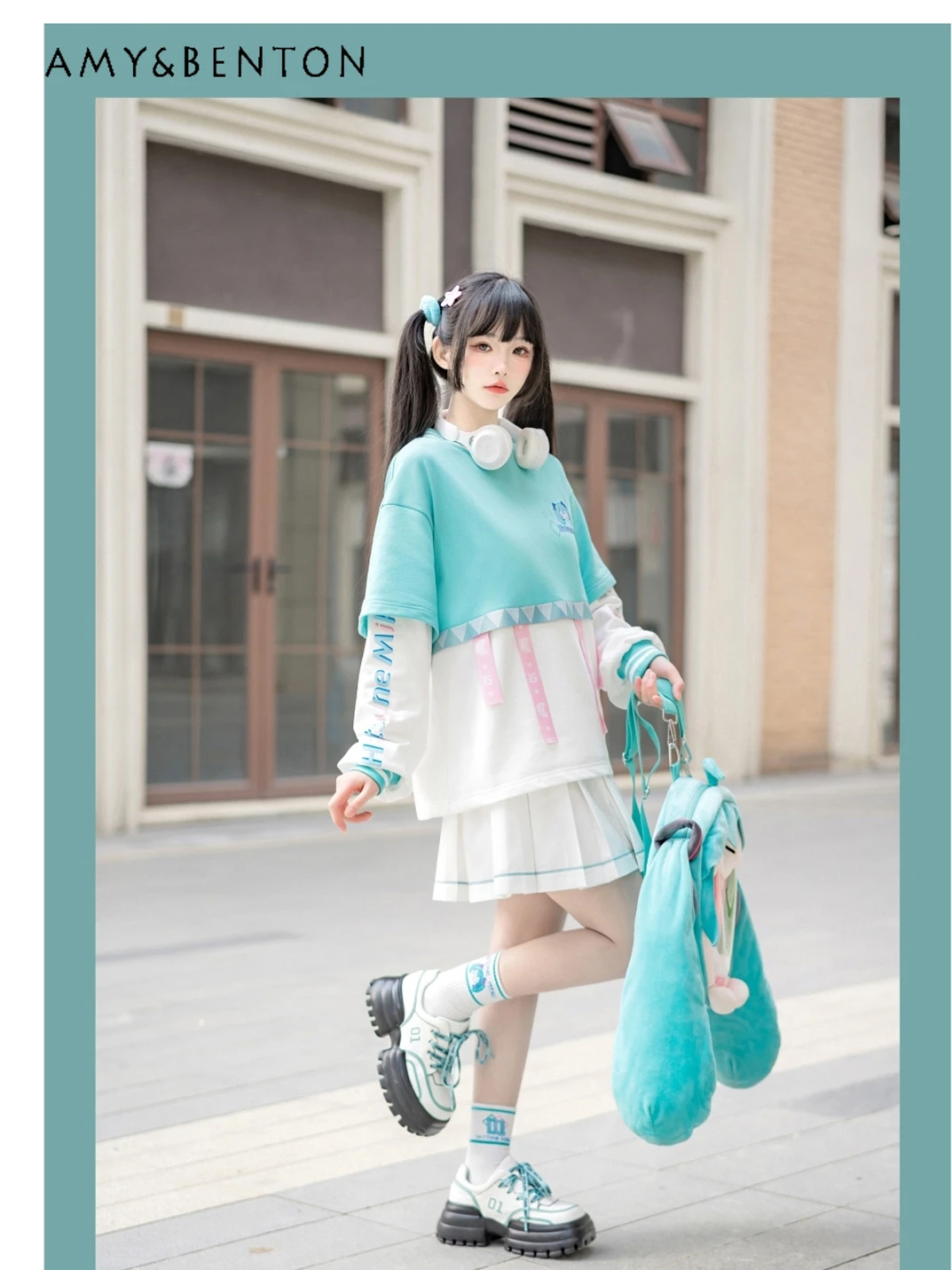 Japanese Sweet Cute Anime Embroidered Crew Neck Long Sleeve Hoodie High Waist Slim Pleated Skirt Kawaii Two Piece Sets Women