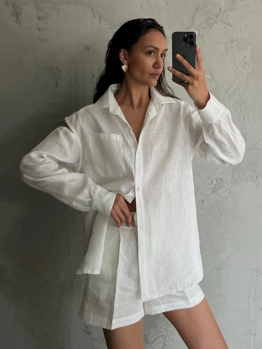 Marthaqiqi Loose White Women'S Nightgowns Suit Sexy Turn-Down Collar Sleepwear Long Sleeve Nightwear Shorts Causal Home Clothes