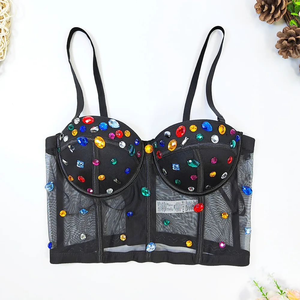 Bohemian Mesh Corset Top - Delicate Boned Bustier with Hand-Sewn Crystal Details for Backless Waist Trainer Lingerie Crop Top