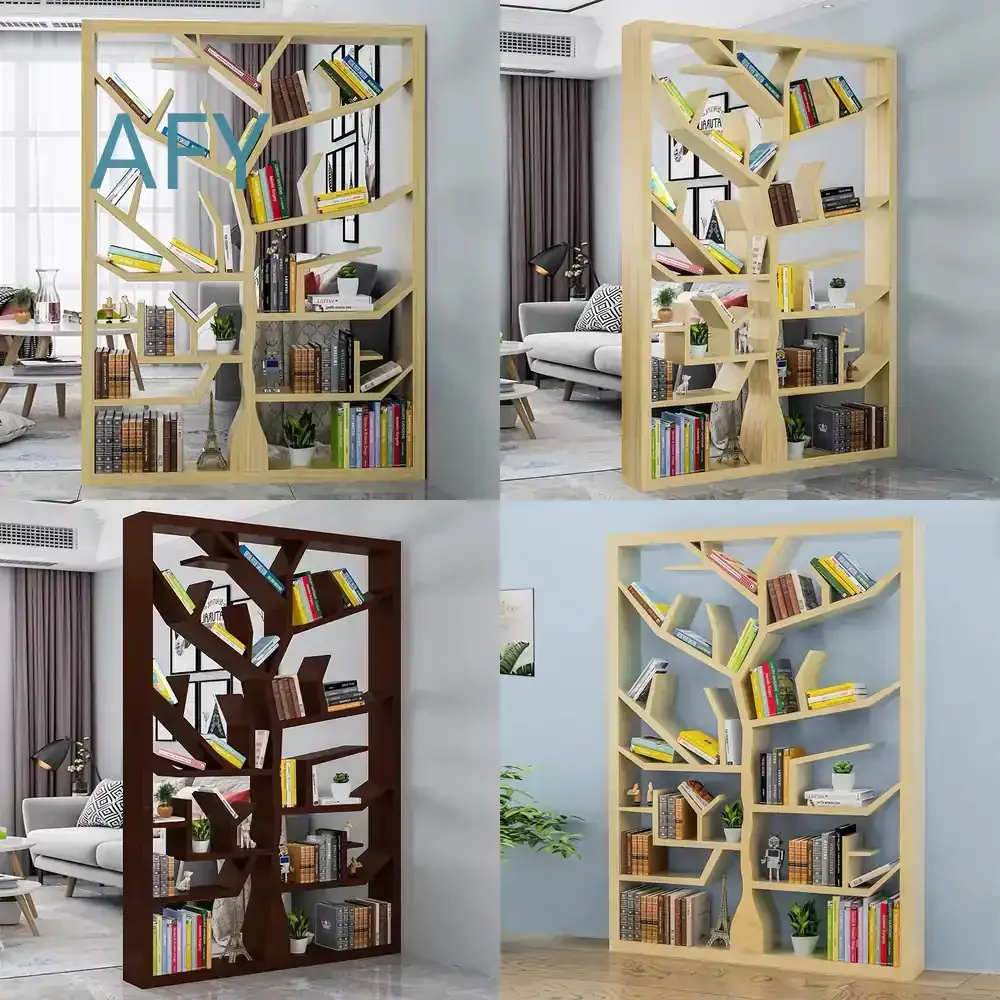 Wooden Tree-Shaped Bookshelf for Office Living Room Entryway Art Screen Divider Display Shelf