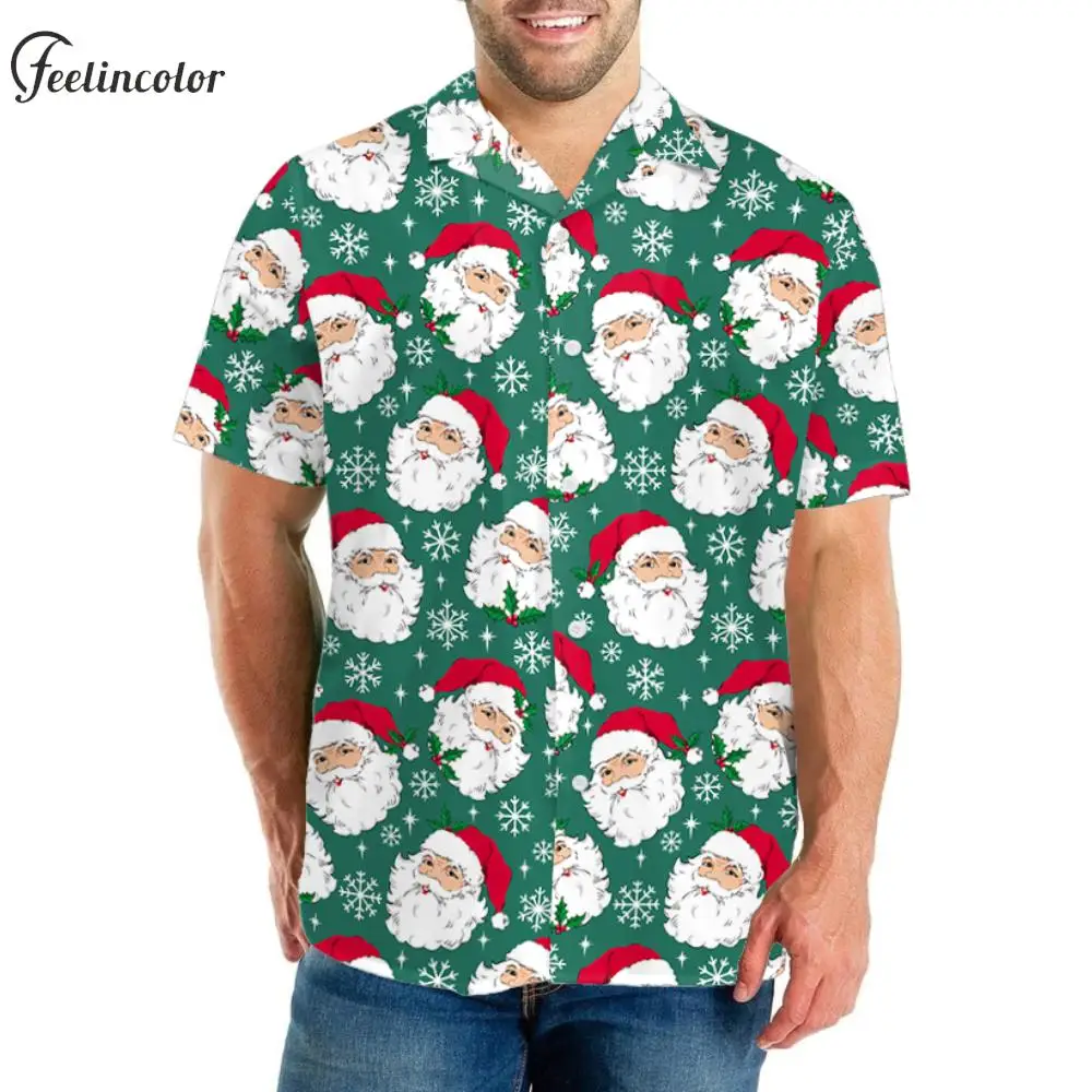 

Santa Claus Graphic Button Polo Shirts for Men Xmas Holiday Party Tees Green Notched Neck Tops Novelty Male Female Streetwear