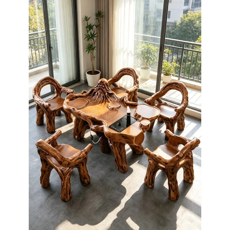 Imitation root carving tea table and chair combination, tea set integrated balcony Kung Fu outdoor tea table office home