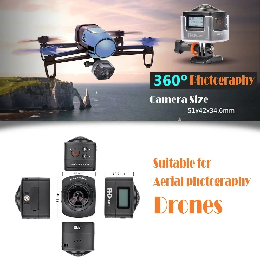 360 Degree Full Dimension WIFI Action Sports Camera Panoramic Video & Waterproof for Diving Climbing VR Compatible Portable Tool