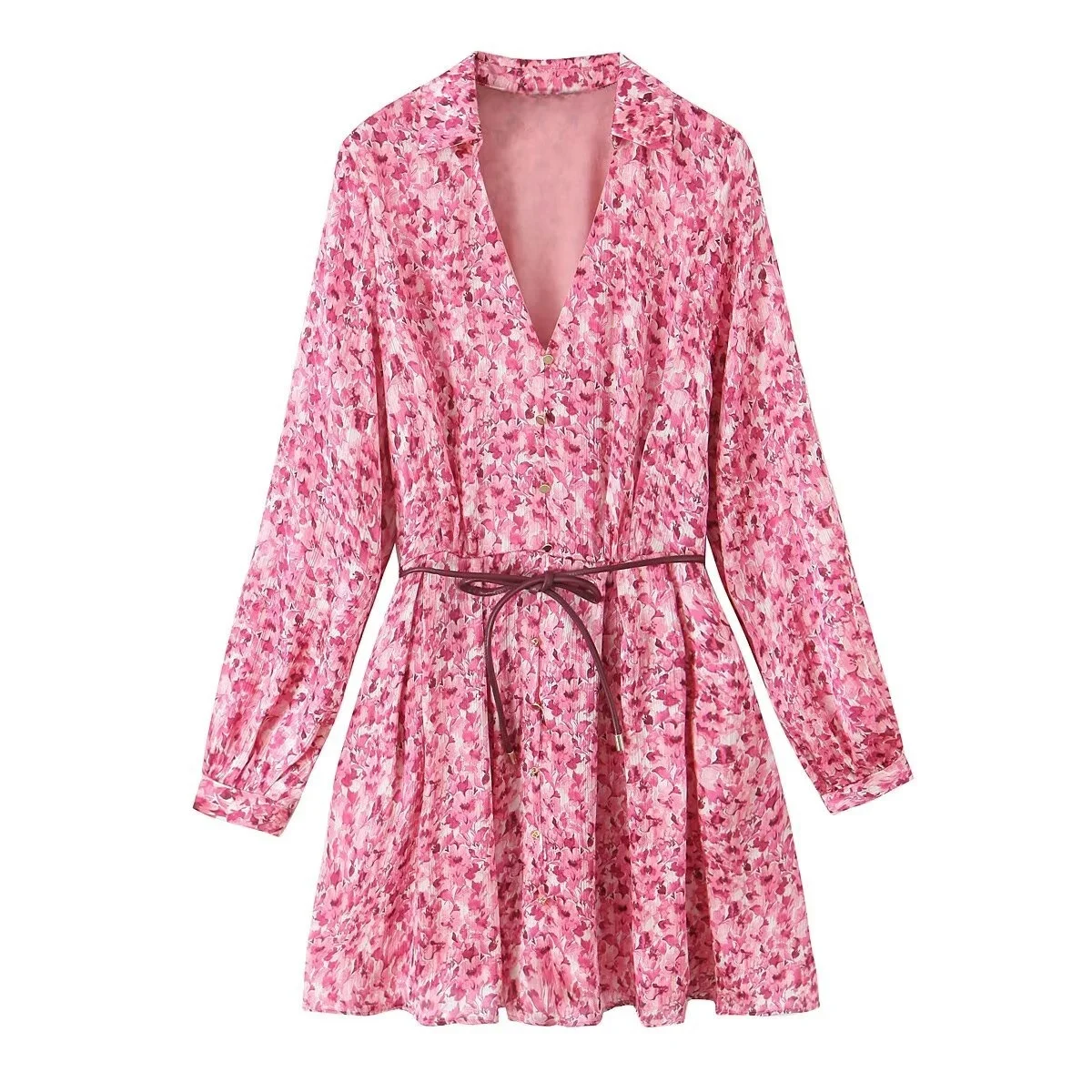 

Taop&Za2025 Women's Long Sleeve Floral Printed V Neck Belted Mini Dress for Spring Outings Picnics and Daily Wear
