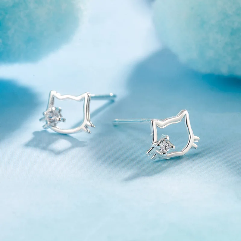 Real Money 925 Sterling Silver Simple Cute Kitty Screw Stud Earrings for Women Girls Party Jewelry Gift Pendientes Mujer Moda