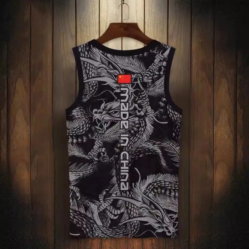 Summer Ice Silk Chinese 3D Dragon Black Running Tank Top Muscle Compression Gym Sleeveless T Shirt Y2k Streetwear Tops New