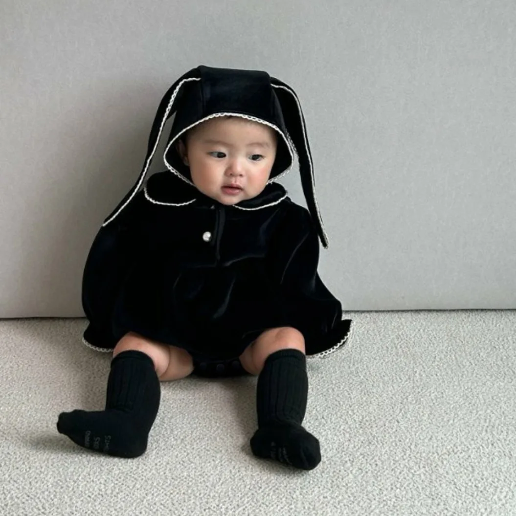 2025 Winter New Baby Girl Long Sleeve Warm Bodysuit + Cute Rabbit Hat 2pcs Set Toddler Girl Fleece Jumpsuit Infant Clothes