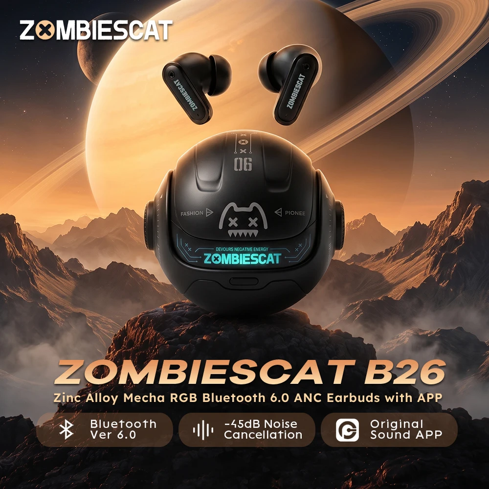 Наушники Zombies Cat B26 Zinc Armor ANC Bluetooth 6.0 - беспроводные наушники TWS с активным шумоподавлением -45 дБ и поддержкой приложения.