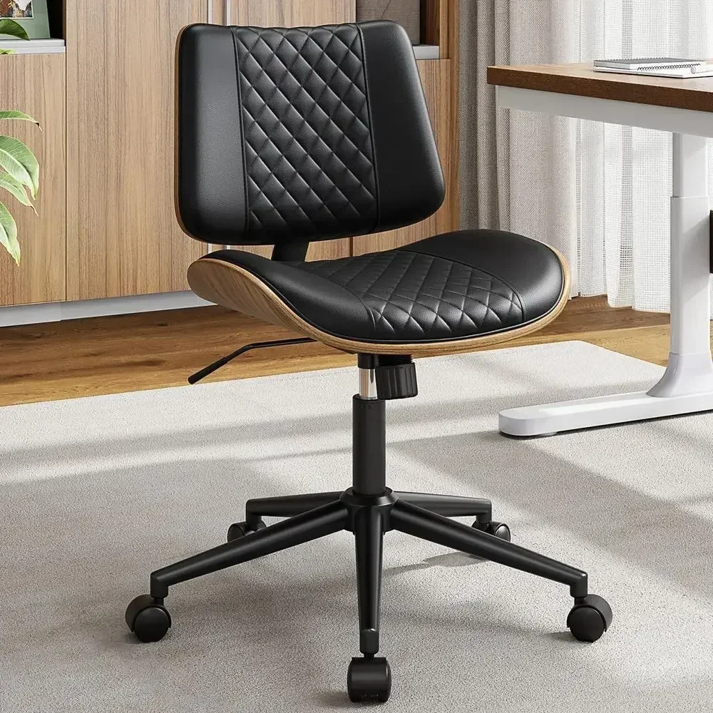 Walnut Back Swivel PU Leather Chair, Ergonomic Gas Lift Desk Chair for Home Office, 300lbs Capacity, Black