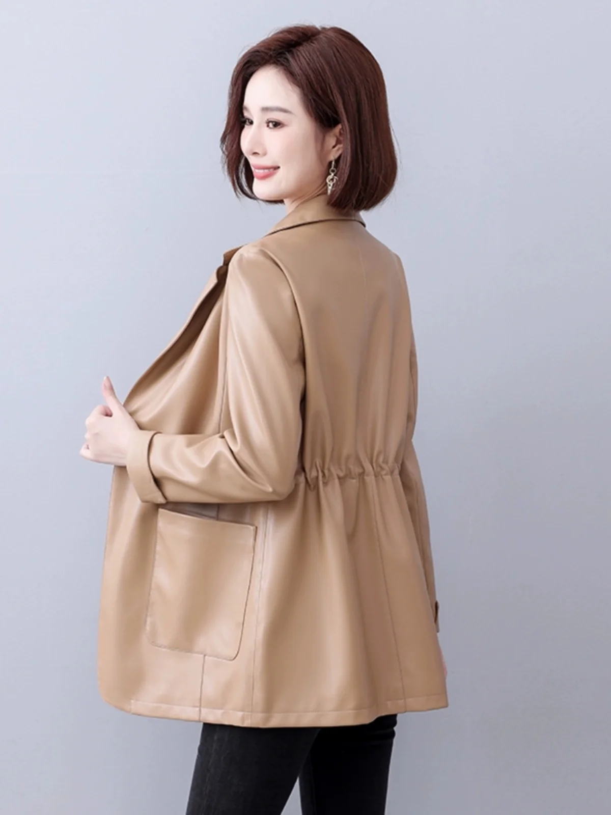 2025年新作 レディース 本革 ジェットスキン ロング丈 ウエストシェイプ スーツコート カジュアル 通勤 スリム ルーズフィット ロングスリーブ