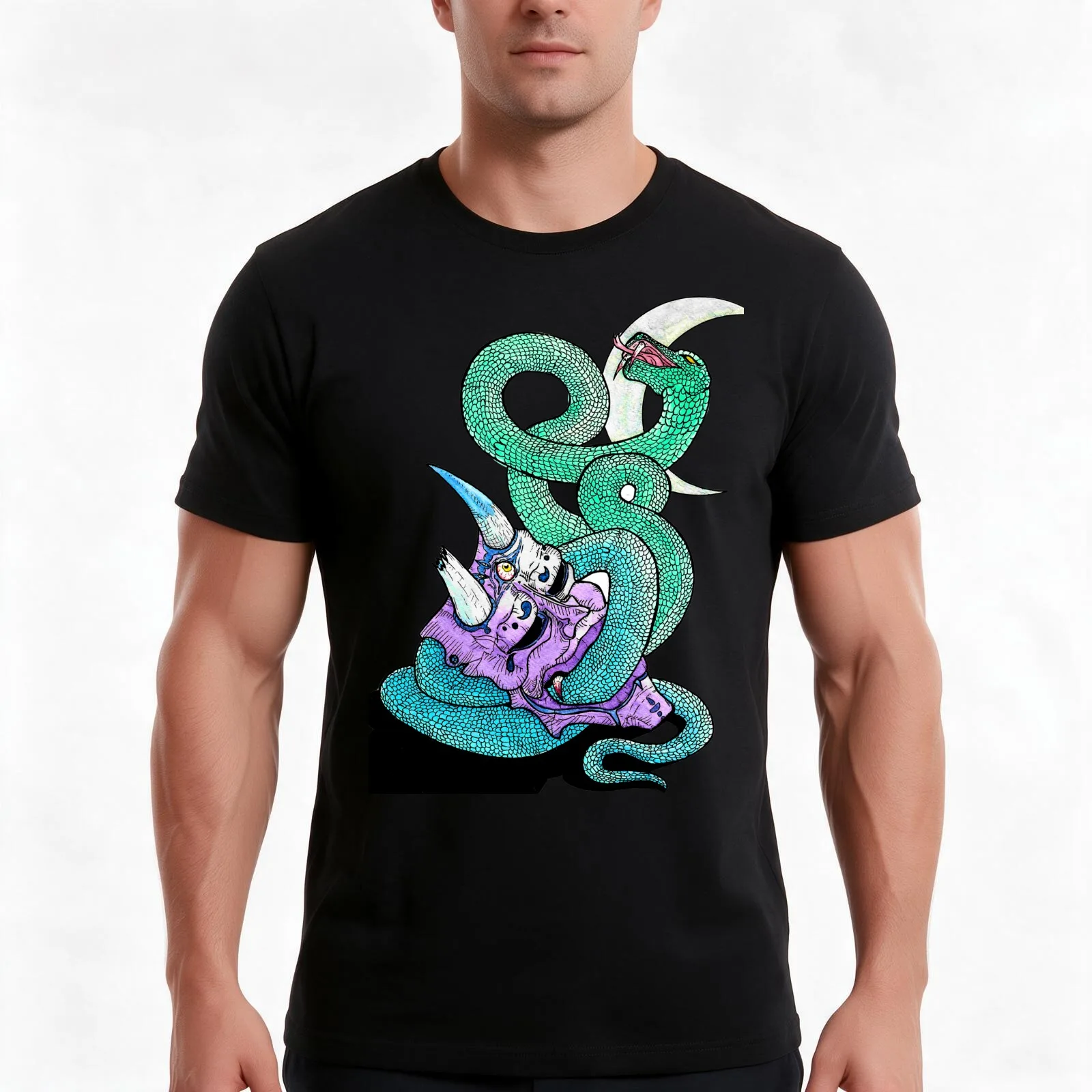 Hanma Mask & Snake T-Shirt, Summer Casual Cotton Tee, Oversized Streetwear Tops, Vintage Graphic Print, Loose Fit Short Sleeve
