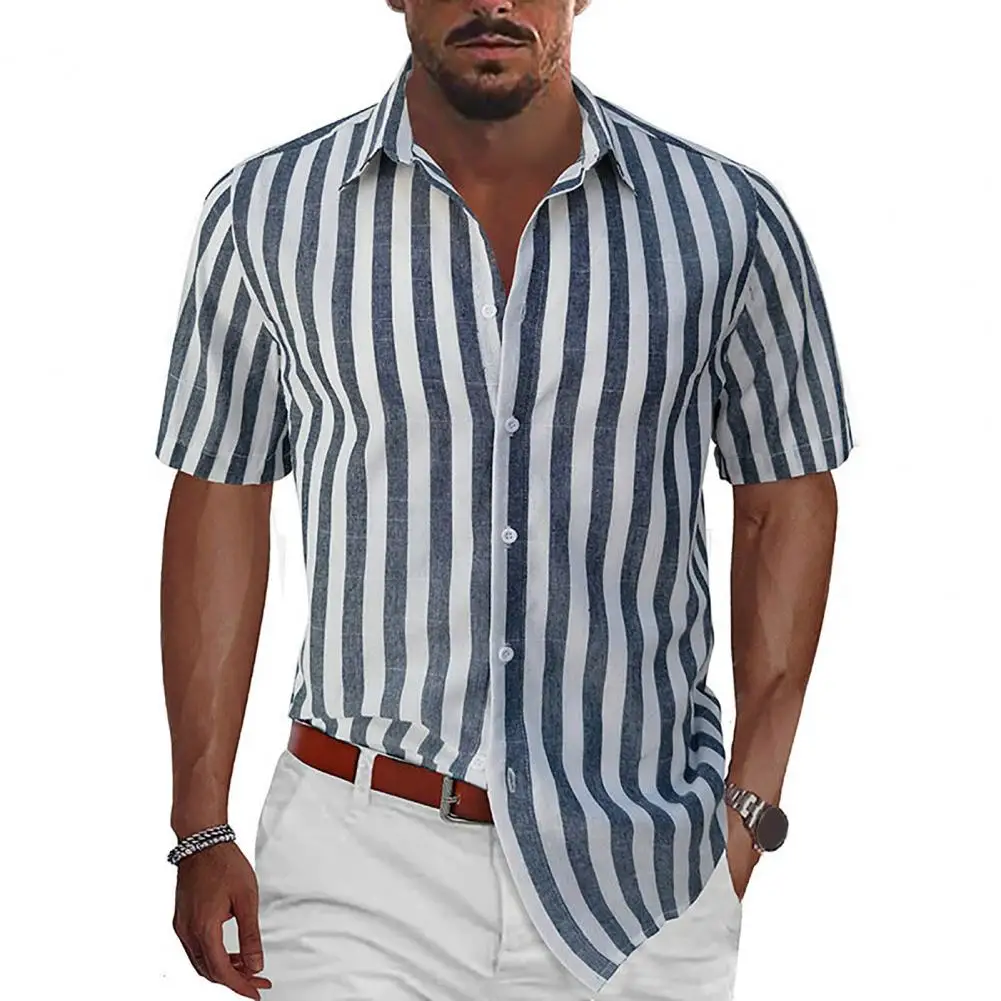 

Summer Short Sleeve Men's Striped Shirts Fashion Men Striped Beach Shirt Cardigan Quick Dry Loose Tee Shirt Mens Clothing Shirts