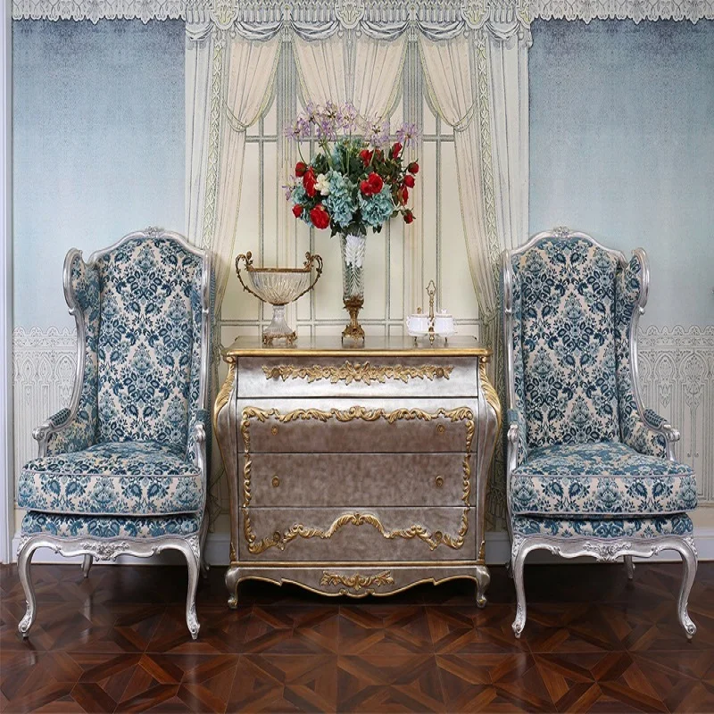 French Blue Fabric Solid Wood Handcarved Single Chair Sticking Silver Foil Villa Living Room Tiger Chair Leisure Chair