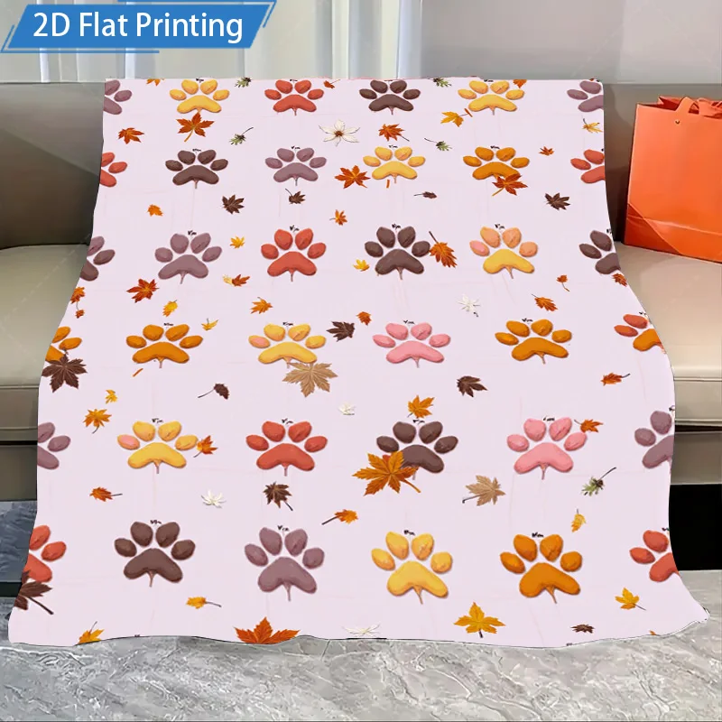 1pc Flannel Blanket Autumn Paw Print Fleece Blanket Soft Cozy Fall Theme Pet Lover Throw Blanket for Couch or Bed