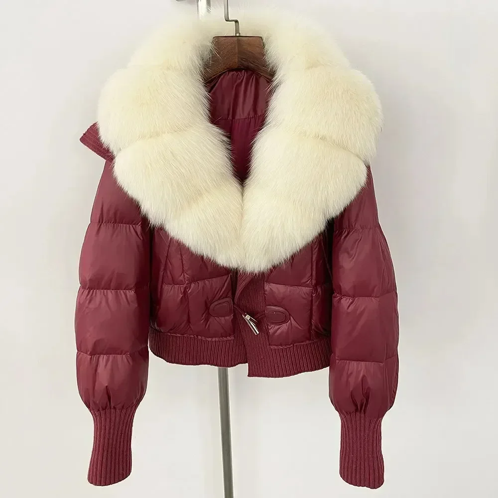 本物の天然フォックスファー襟付きホワイトダックダウンジャケット ファッション2025秋冬 カジュアル新作アウター 厚手暖かいショートコート レディース