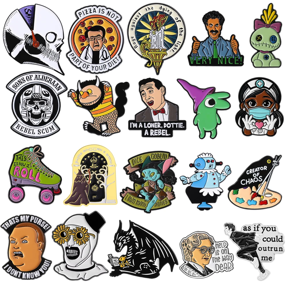 

Cartoon Anime Enamel Brooch Lapel Pin Magician Doctor Music Skull Doll Pterodactyl Magic Candles Roller Skate Badge Jewelry Gift