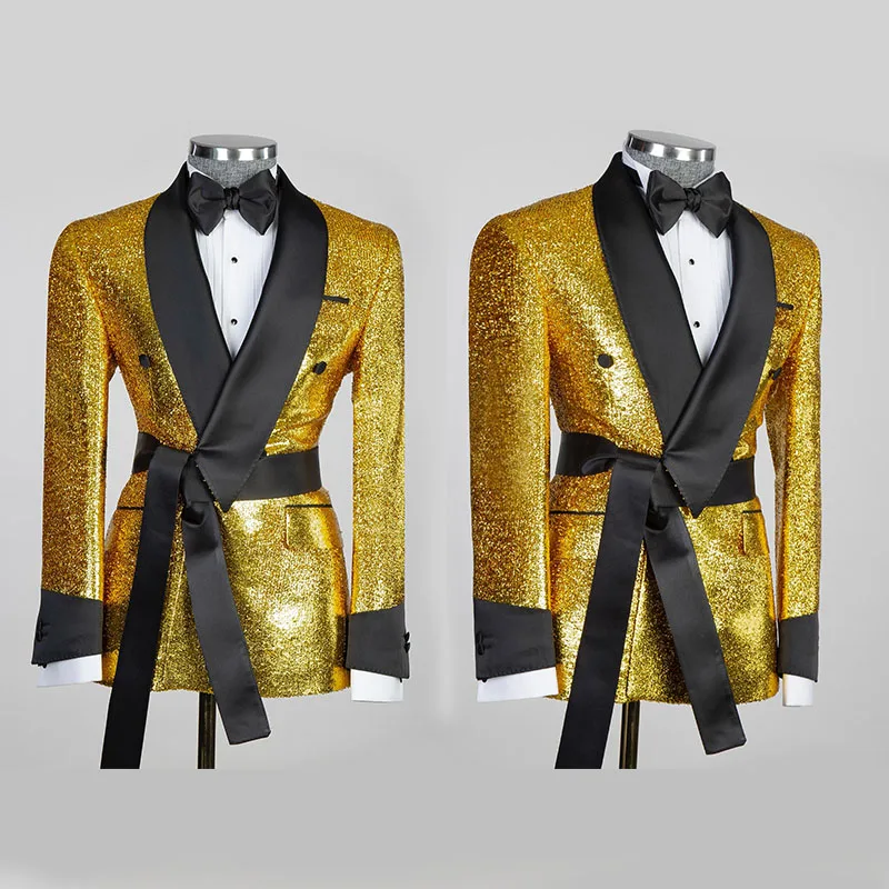 

Gold Sequined Groom Wedding Wear Black Shawl Lapel Party Birthday Mens Jacket Tuxedos One Piece Customized Cosplay Outfits