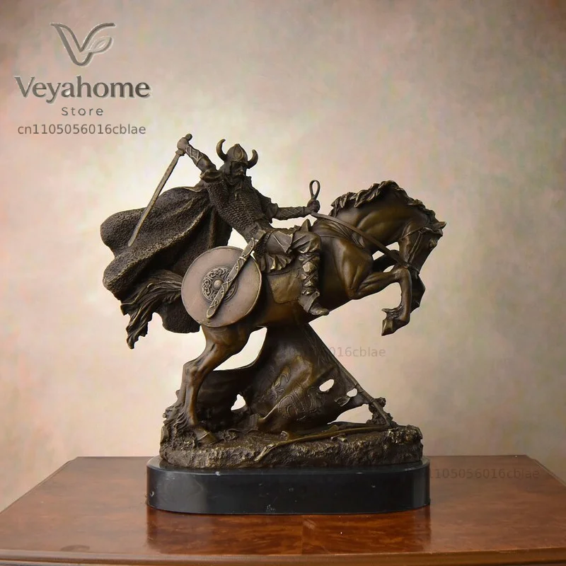 Bronze Medieval Warrior Riding Statue Vintage Sculpture Handcrafts Marble Base Collectible Figurine Art Home Decoration