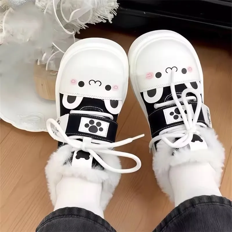 Fleece Lined Thick Bottomed Cute round Rolling Warm Lolita Shoes Soft Adorable Student Friendly Cotton Shoes Casual Canvas Sn...