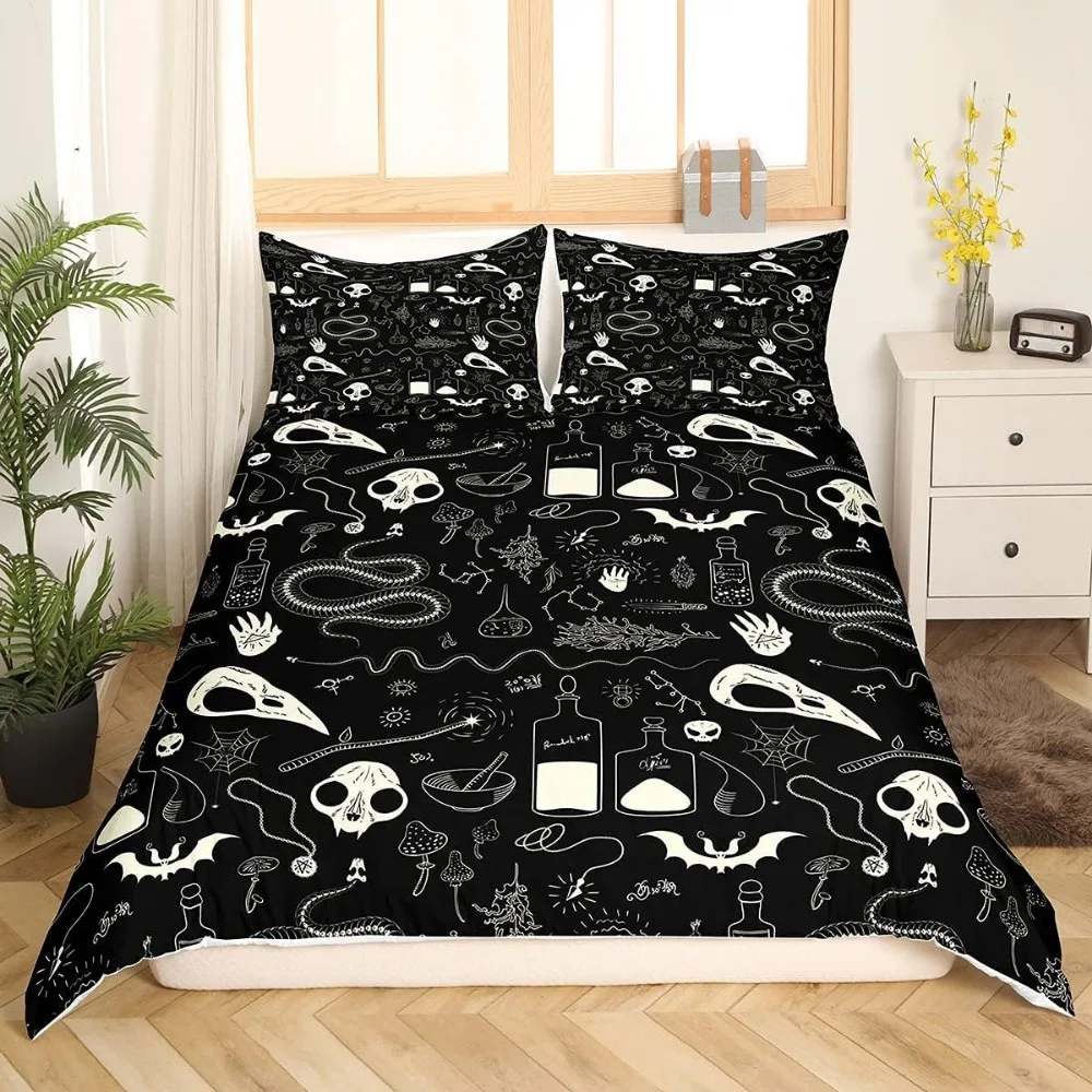 Skull Bedding Set Kids Scary Animal Skeleton Bedding & Linen for Boys Teens Halloween Bats Duvet Cover Breathable Horror Spider