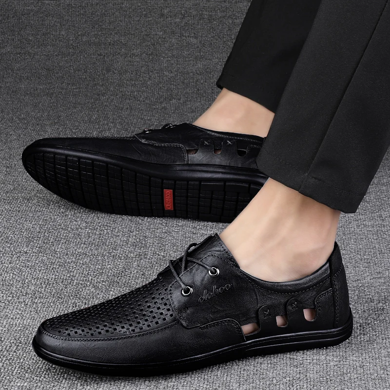 

Men Loafers genuine Leather Men Shoes lace up Summer Hollow out Breathable Man Casual Shoes Formal Dress Shoes for Man