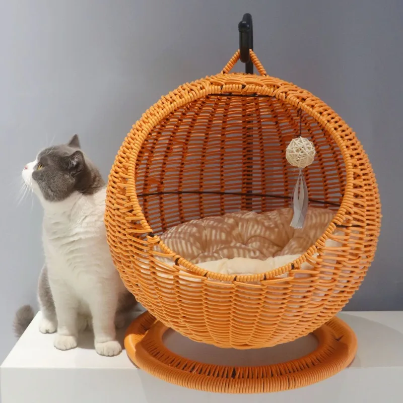 Semi-enclosed pet hammock, cat cage round basket, rattan summer cat hammock