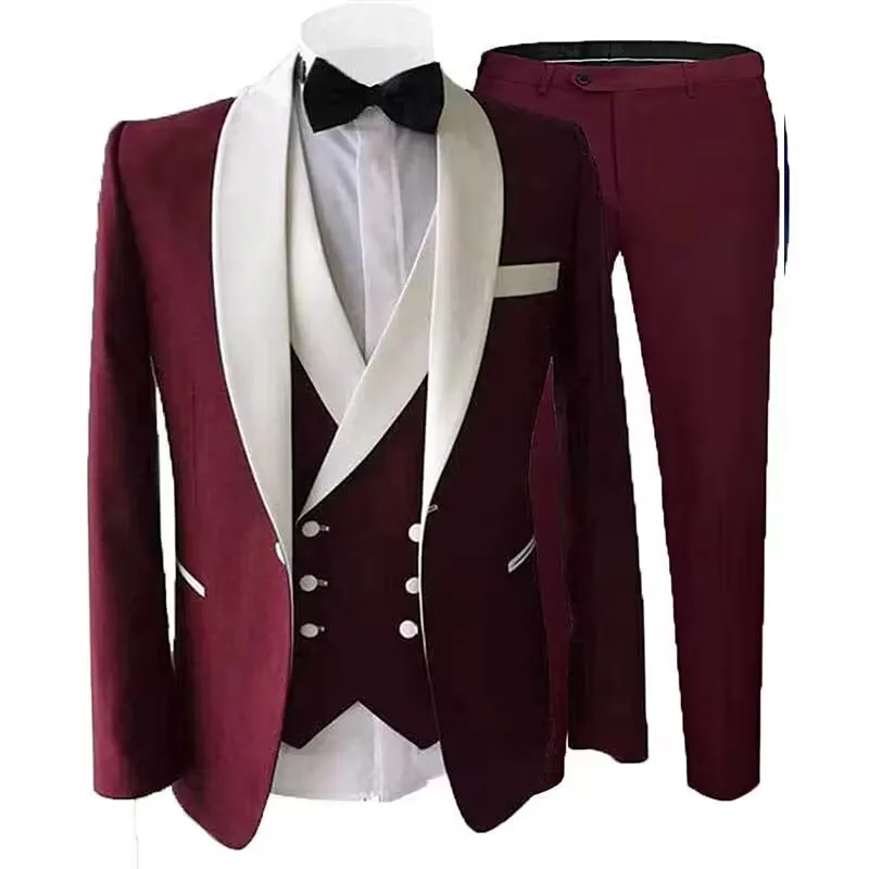 3 Piece Suits for Men Slim Fit Groom Wedding Tuxedos Shawl Lapel Jacket Business Formal Party Blazer Vest Pants Costume Homme