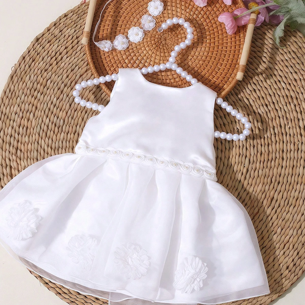 Ylsteed 2Pcs Set White Newborn Girl Dress For Photo Shooting Big Bowknot Baby Photography Dress With Pearl Headband image 3