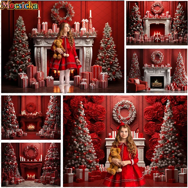 Mocsicka Red Christmas Fireplace Background For Kids Portrait Holiday Party Photography Xtmas Tree Bonfire Garland Decor Props