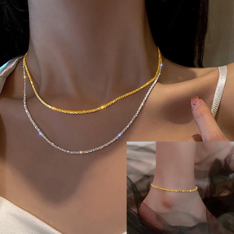 3Pcs Elegant Stainless Steel Metal Necklace Earrings Bracelet Set Earrings Short URL Clavicle Chain Bracelet Ankle Chain Jewelry Set
