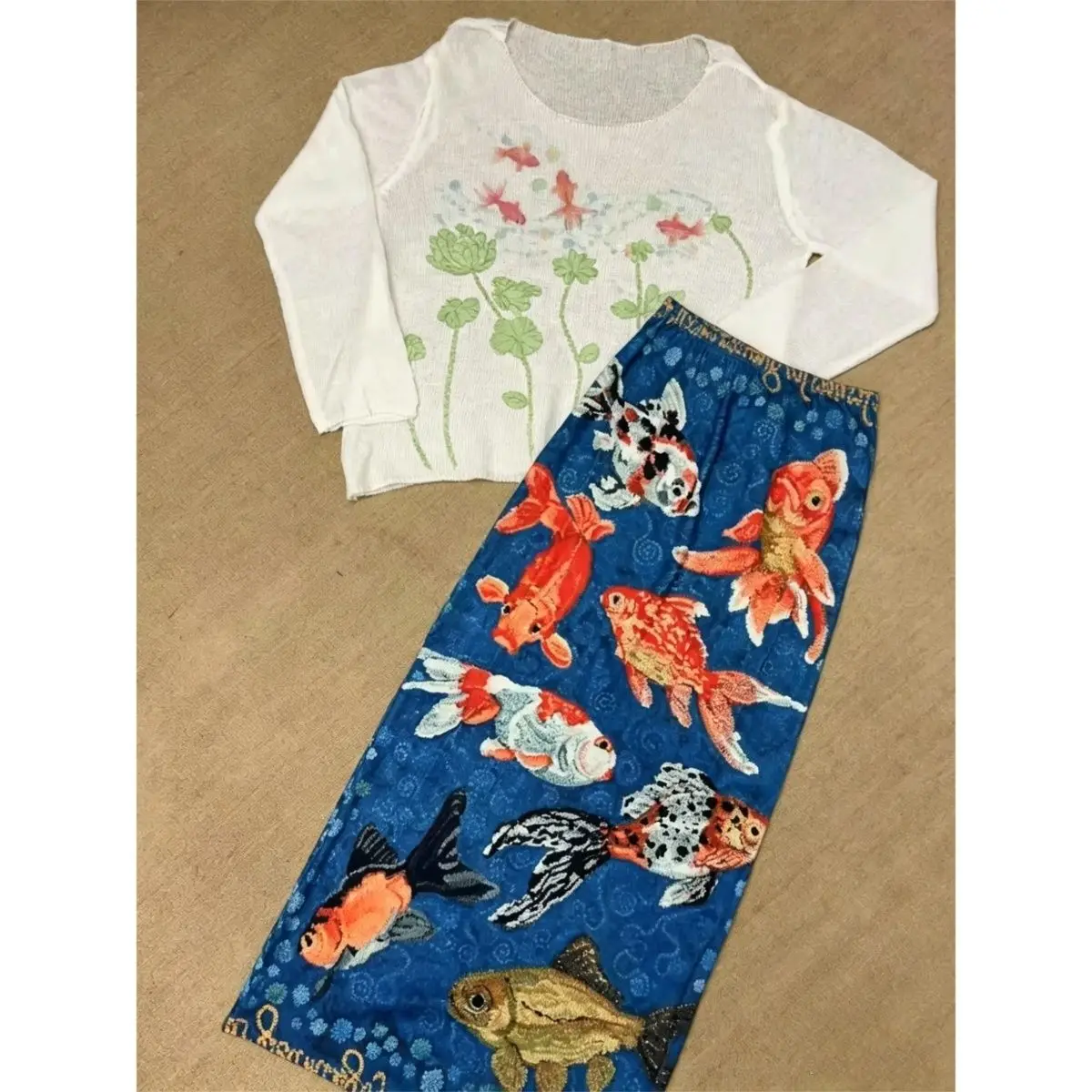High Waist Printed Goldfish Half Skirt Women's Retro National Style Tang Yan Yu Personality Elastic Waist Hip Long Skirt